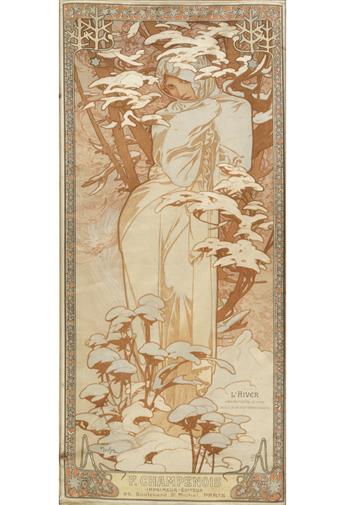 ALPHONSE MUCHA (1860-1939). [THE SEASONS.] Group of 4 decorative panels on silk. 1900. Each approximately 27x12 inches, 66x30 cm. F. Ch